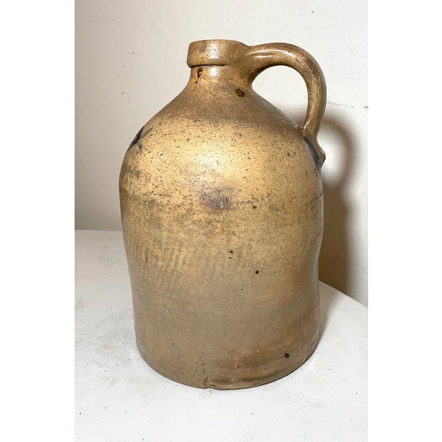 Antique 1800's Handmade Stoneware Salt Glazed Cobalt Pottery Jug Vase W/ Handle For Sale - Image 9 of 10