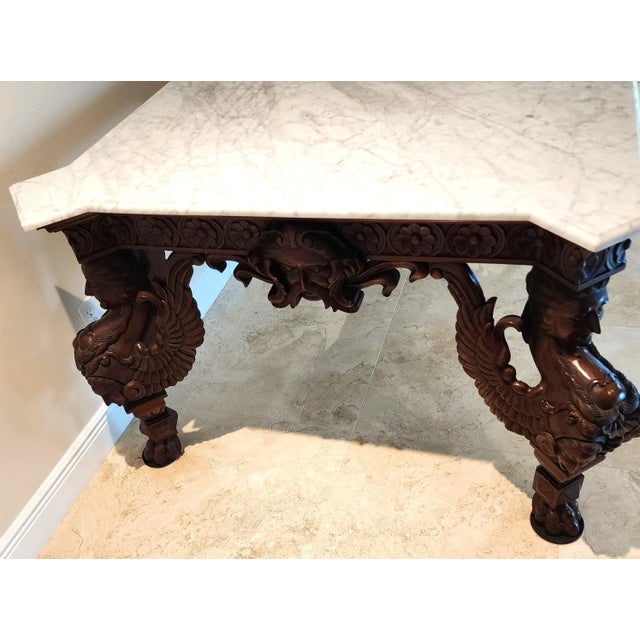 Antique Italian Renaissance Revival Library Dining Table Marble & Mahogany For Sale In Miami - Image 6 of 13