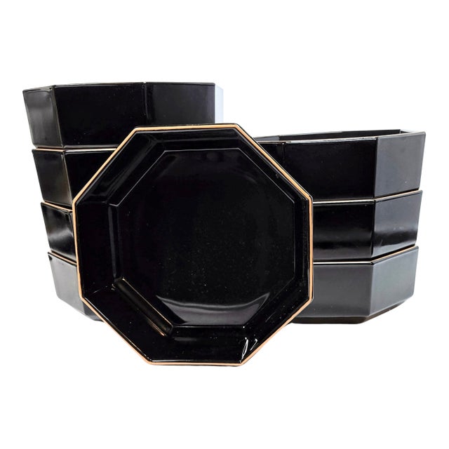 Modern Gold Rimmed Black Glass Bowls- Set of Eight For Sale