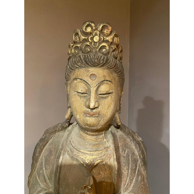 Mid 20th Century Hand‑Carved Wooden Guanyin / Bodhisattva Statue – 28” Vintage Asian Figure For Sale - Image 5 of 12