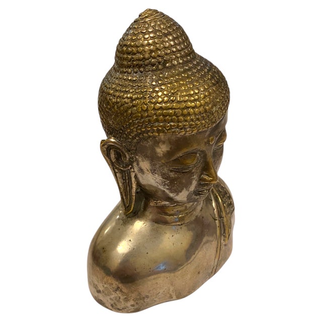 Metal Buddha Bust Brass/Bronze Silvered Nepal Tibet Yoga Meditation Decor 6.75" For Sale - Image 7 of 9