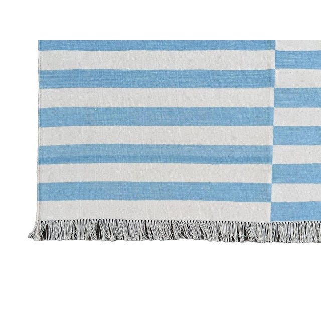 Handmade Reversible Cotton Vegetable Dyed Blue and White Striped Rug-9'x12' For Sale - Image 10 of 11
