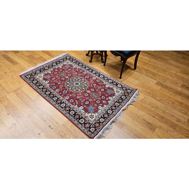 Vintage Persian Tabriz Area Rug, Hand-Knotted Wool & Silk, Floral Pattern, Pomegranate-Red & Navy, 3x5 For Sale - Image 4 of 18