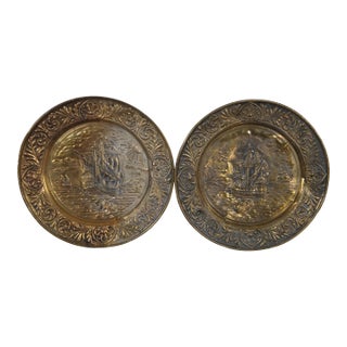 Early 20th Century Brass Relief Nautical Maritime Seascape Clipper Galleon Boat Ship Platters- Set of 2 For Sale