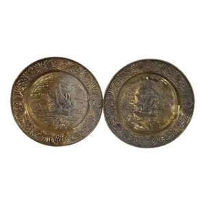 Early 20th Century Brass Relief Nautical Maritime Seascape Clipper Galleon Boat Ship Platters- Set of 2