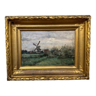 19th Century English Windmill Oil on Canvas For Sale