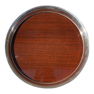 Vintage Art Deco Formica Wood Grain Surface Silverplate Trim Drink Tray For Sale