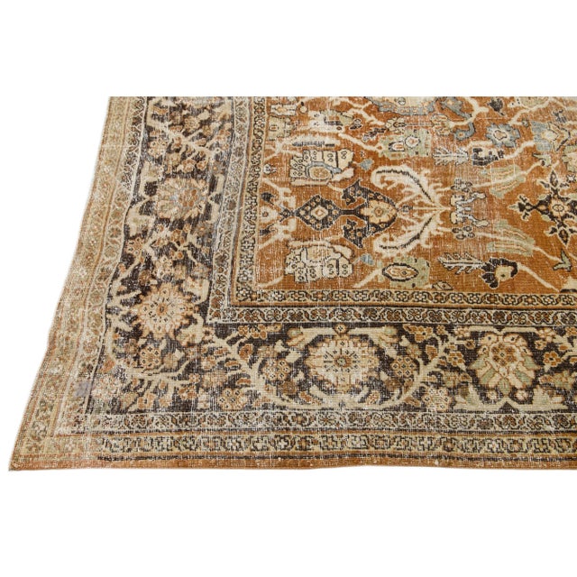 1900s Rust Antique Persian Mahal Handmade Distressed Wool Rug With Floral Design For Sale - Image 4 of 8