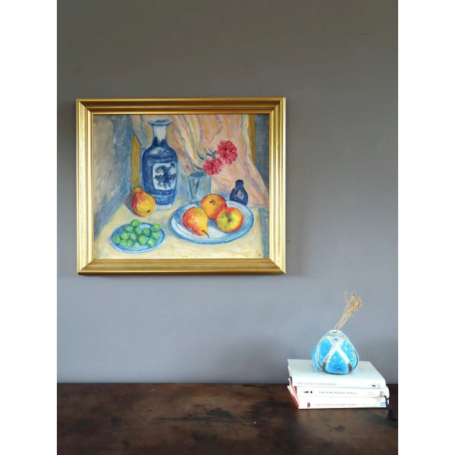 Mid-Century Modern Mid-Century Modern 'Fruit & Vase on a Table' Original Swedish Vibrant Still Life Oil Painting, Framed For Sale - Image 3 of 11
