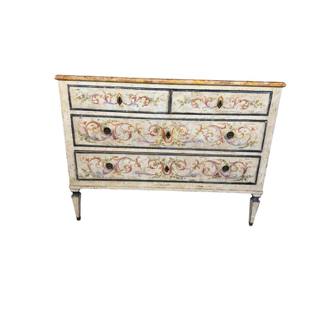 Antique Italian Hand-Painted Commode, 19th Century — Polychrome Scrolling Foliate Decoration, Four-Drawer Bureau on...