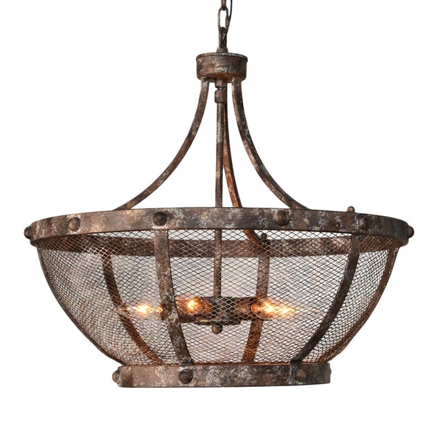 Industrial Spanish Aged Iron Mesh Bowl Chandelier For Sale - Image 10 of 10