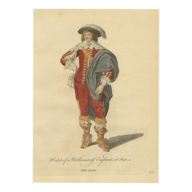Jefferys, English Nobleman in 1640, Cavalier Dress with Plumed Hat, Jefferys, 1757, Engraving For Sale