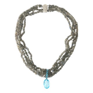 Vintage 14k Gold Four‑Strand Labradorite Necklace With Blue Topaz Drop For Sale