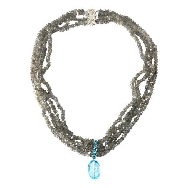 Vintage 14k Gold Four‑Strand Labradorite Necklace With Blue Topaz Drop For Sale