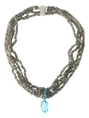Vintage 14k Gold Four‑Strand Labradorite Necklace With Blue Topaz Drop