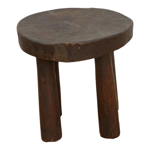Earthy Hand-Hewn Wood Stool For Sale