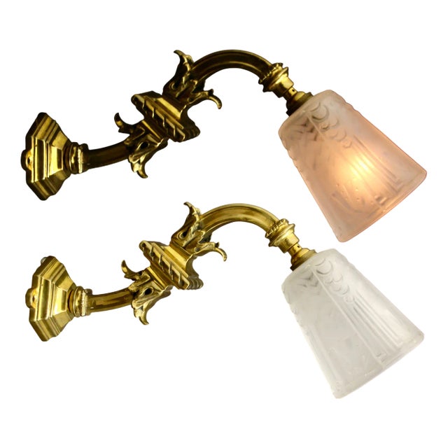 Wall Lights with Bronze Mounts from Muller Frères, 1920s, Set of 2 For Sale