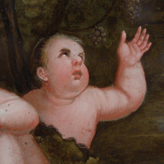 Unknown, Bacchanal of Cherubs and Satyrs, 1680, Oil & Glass, Set of 2 For Sale - Image 9 of 16
