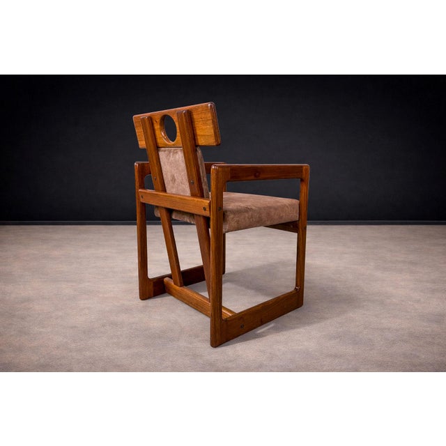 “Cuiaba” Dining Chair With Armrests in Hardwood & Fabric, Sergio Rodrigues, 1970s For Sale - Image 9 of 11