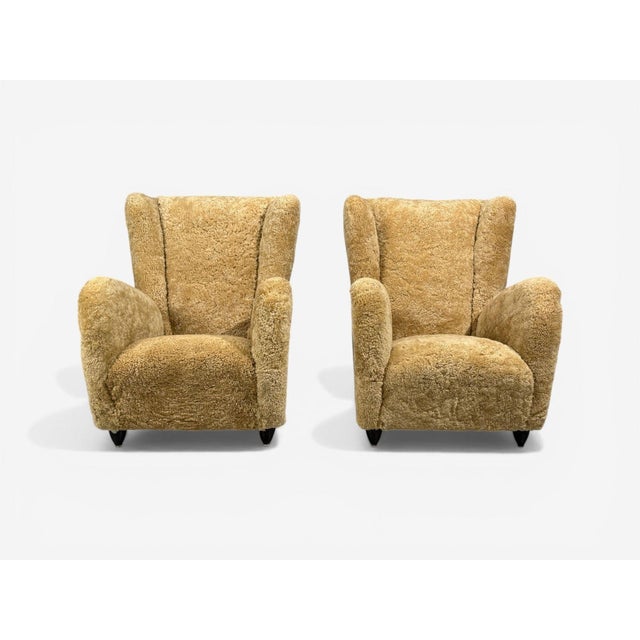 Paolo Buffa Attrib., Beige Shearling, Wood, Lounge Chairs, Italy, 1950s For Sale - Image 9 of 14