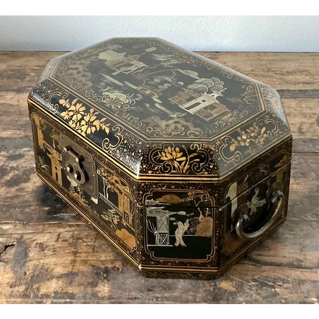 This exquisite vintage Asian lacquered box is a stunning example of mid-century Chinoiserie design. Featuring a classic...