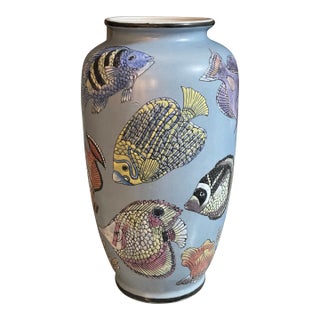 12” Tall Blue Vase With Intricately Carved & Hand Painted Tropical For Sale