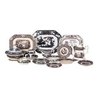 19th Century English Black Transferware Ironstone Collection, 20 Pieces For Sale