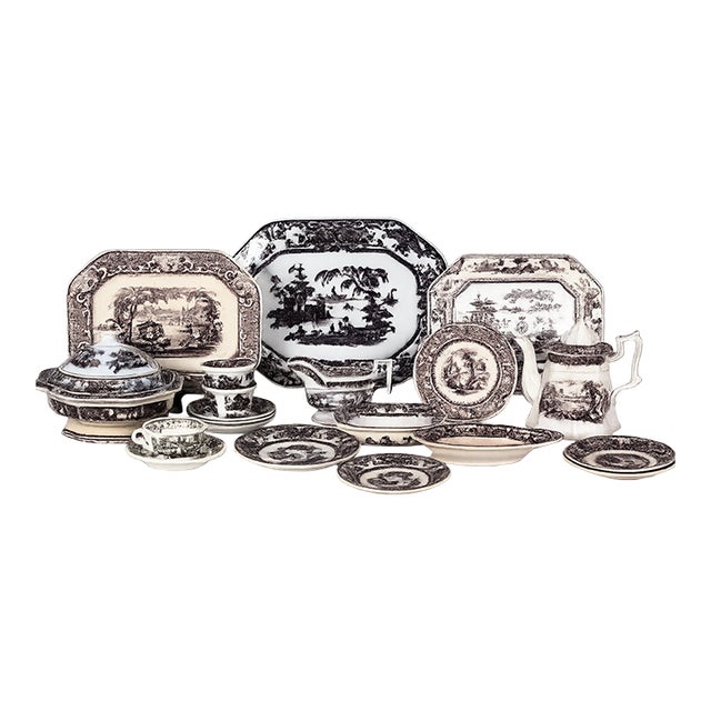 19th Century English Black Transferware Ironstone Collection, 20 Pieces For Sale