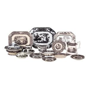 19th Century English Black Transferware Ironstone Collection, 20 Pieces