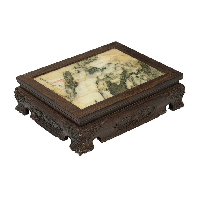 Traditional Rectangular Dream Stone Inlaid Rosewood Foo Dog Lions Motif Display Stand For Sale - Image 3 of 9