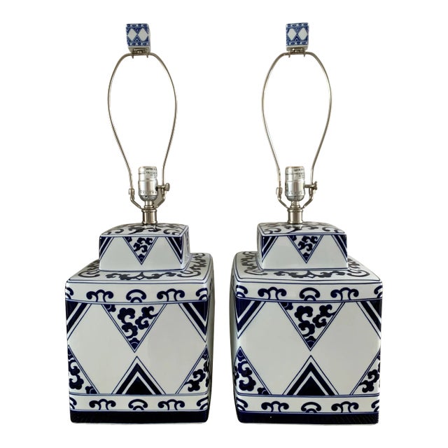 Chinoiserie Square Blue White Table Lamps - A Pair For Sale