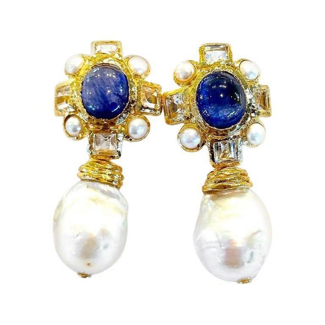 Bochic "Capri" Vintage Sapphire, Topaz & Pearl Earrings Set In 18K Gold & Silver, A Pair For Sale - Image 15 of 18