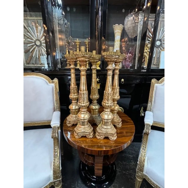 Handsome 19th century Italian carved and giltwood altar sticks. Beautiful set of 5. Very special! Circa 1860. 22h x 5w