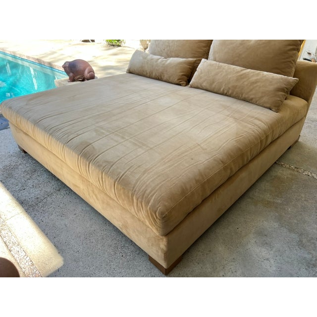 Custom double-wide chaise lounge or daybed, fully upholstered in rich camel-tone microsuede. This unique custom piece...