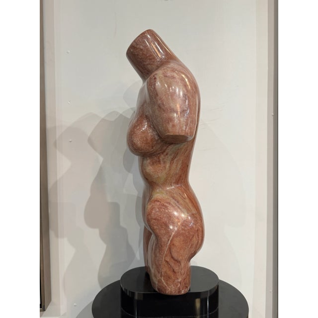 Italian Italian 1980 Signed Marble Female Torso Sculpture on Rotating Black Lacquered Pedestal For Sale - Image 3 of 8