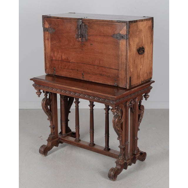 19th Century Spanish Vargueno Desk, Hand-Carved Walnut For Sale - Image 4 of 12