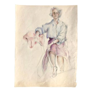 Vintage Pencil Drawing of a Woman in a Purple Skirt For Sale