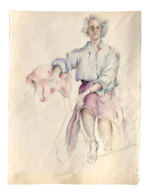 Vintage Pencil Drawing of a Woman in a Purple Skirt