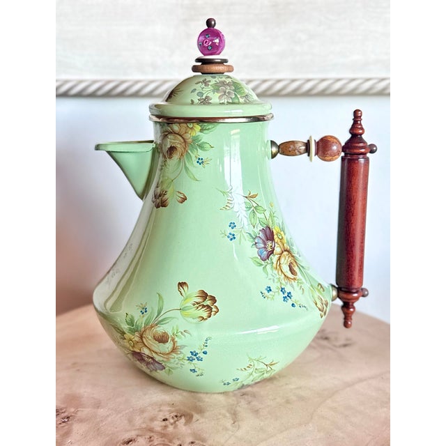 Farmhouse Vintage 1995 Camp Mackenzie Childs Green Floral Coffee Pot/Kettle With Wood Handle and Lid For Sale - Image 3 of 12