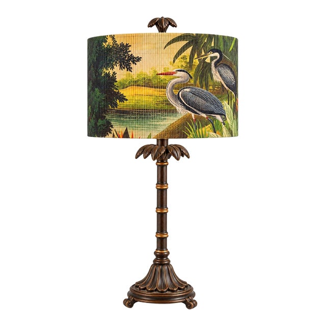 A striking blend of classical form and tropical imagery. This dark bronze-tone composite lamp has a sculptural fluted base...