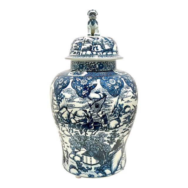 Ethan Allen Large Blue & White Porcelain Temple Jar W/ Foo Dog Lid – 25” Chinoiserie For Sale