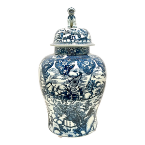 Ethan Allen Large Blue & White Porcelain Temple Jar W/ Foo Dog Lid – 25” Chinoiserie