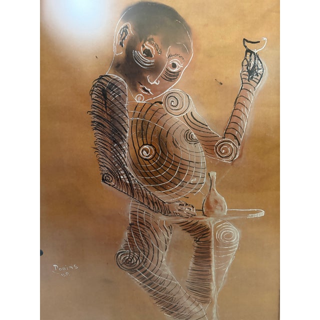 A distinctive mid-century modern figurative artwork dated 1958, featuring a stylized seated figure rendered in an...