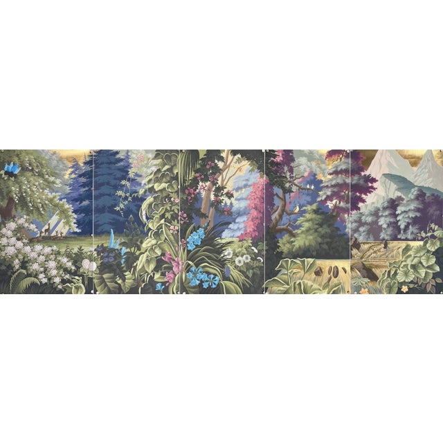 Landscape Panoramic Murals Hand Painted Wallpaper on Gold Metallic Panel - 5 Panels For Sale