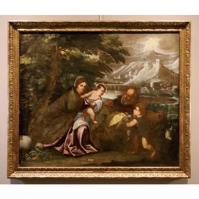 The holy family with the infant saint john the baptist school of titian (pieve di cadore, 1490 - venice, 1576) 84 x 98 cm...