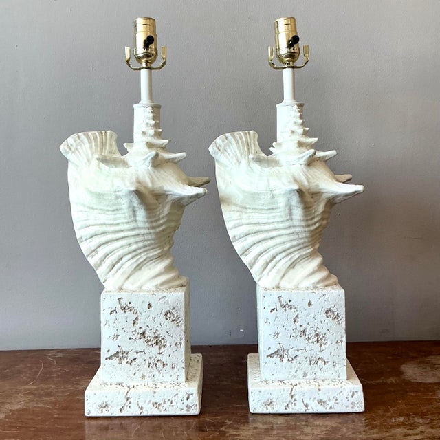 Vintage Coastal Cast Plaster Conch Shell Lamp - A Pair For Sale - Image 4 of 10