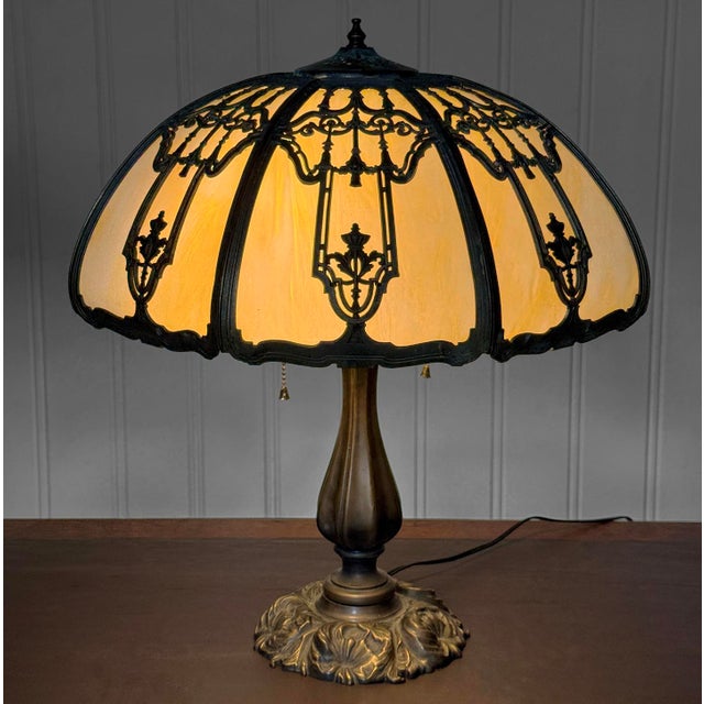 Antique Art Nouveau Carmel Slag Glass Table Lamp For Sale - Image 4 of 14