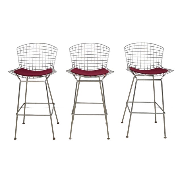 Set of 3 Harry Bertoia for Knoll Pair of Chrome Wire Frame Bar Stools For Sale