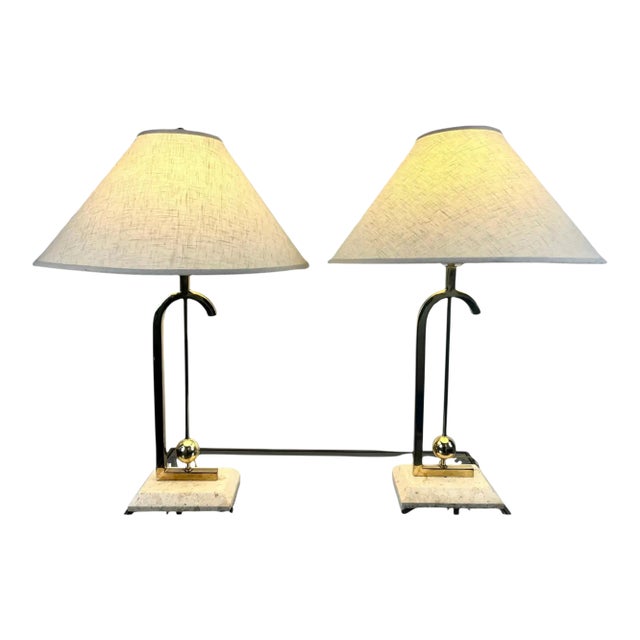 Mid-Century Modern Brass Table Lamp W Marble Base & Original Fabric Shade, Pair For Sale