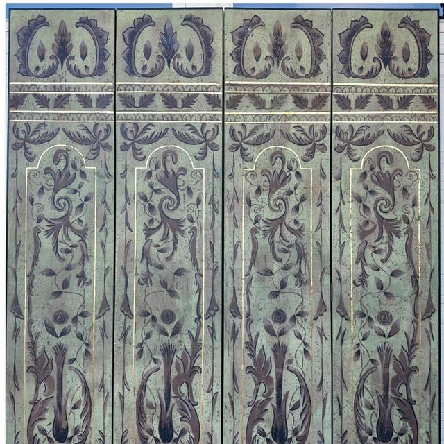 1920s Italian Art Deco Chinoiserie Four-Panel Hand-Painted Screen With Gold Gilt – Sage Green For Sale - Image 10 of 18